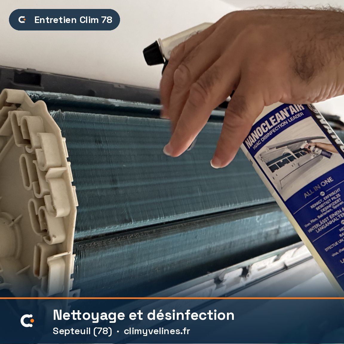 Désinfection de l'échangeur d'une unité intérieure de climatisation avec un produit spécifique, entretien à Septeuil (78)